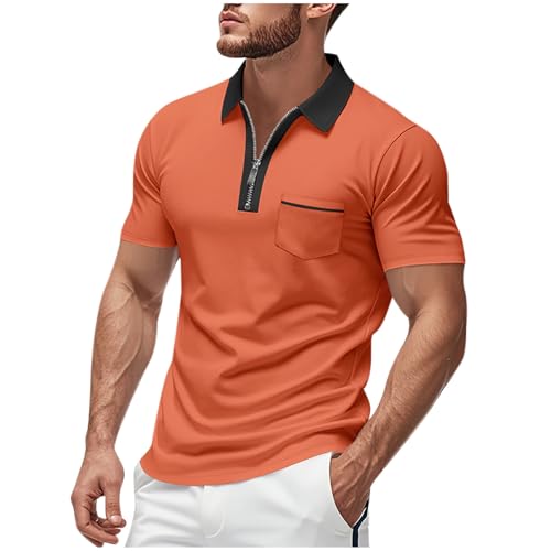 Mens Polos Shirts Short Sleeve UK Quarter Zip Golf Polos Shirts with Pocket Slim Fit Contrasting Colors Tennis T-Shirt Breathable Summer Casual Tee Tops Turn-Down Collar Pullover S-3XL Orange