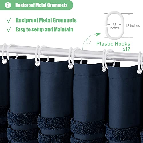 Dynamene Navy Blue Fabric Shower Curtain, Tufted Chenille Striped Textured Cloth Shower Curtains For Bathroom, Boho Farmhouse Shabby Chic Waterproof Shower Curtain Set With Hook, Wrinkle Free, 72X72 #TOP4