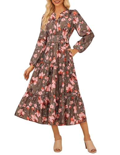 Women Long Sleeve Midi Dress, Boho Floral Casual Flowy A Line Dresses, Spring Elegant Classy Dress with Pocket XL Green Orange