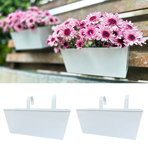 LaLaGreen Outdoor Planter (2 Pack, 16 Inch) Large White Metal Flower Pots Countryside Modern Rectangle Strawberry Window Box Succulent Planters with Drainage Hole Hanging Balcony Deck Rail Fence Porch