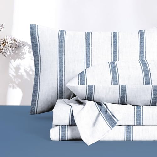 Wake In Cloud - Striped Bed Sheets, 4-Piece Sheet Set, Coastal Farmhouse Rustic Style with Vintage Neutral Stripe Pattern Printed Bedding, Deep Pocket, Navy Blue, Queen Size