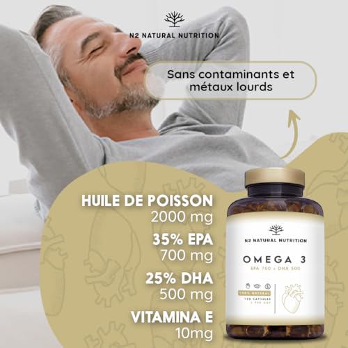Omega 3 Fish Oil 2000 mg, 700 mg EPA et 500 mg DHA. Huile de Poisson et Vitamine E. Aide à Améliorer et Protection la Vision, Cerveau et Coeur. Régule le cholestérol.120 Gélules N2 Natural Nutrition – Image 4