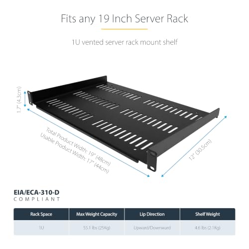 StarTech.com 1U Server Rack Shelf - Universal Vented Rack Mount Cantilever Tray for 19" Network Equipment Rack & Cabinet - Durable Design - Weight Capacity 55lb/25kg - 12" Deep (SHELF-1U-12-FIXED-V) by StarTech - Image 3