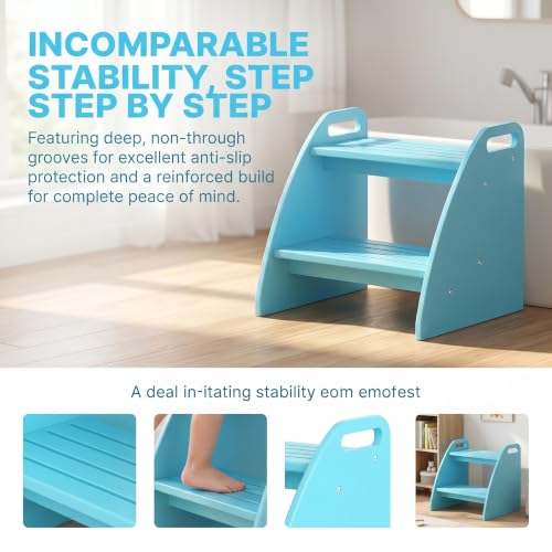 Image of Bamboo 2 Step Stool 300lbs Capacity, Wooden Two Step Stool with Non-Slip Handles, Heavy Duty Stepping Stool for Bedside High Beds Adults, Sturdy Small Bathroom Kitchen Blue Step Stool