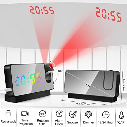 Color Projection Alarm Clock, Rechargable LED Digital Alarm Clocks Bedside, 8" Mirror Wall Clock Non Ticking Table Clock with Temperature Date Calendar Display Snooze 12/24H for Bedroom, Home (Black)