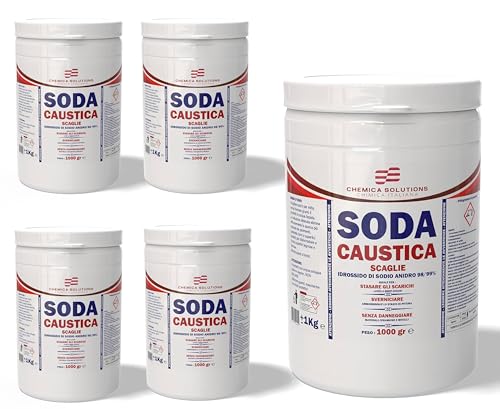 5 Dosen à 1 kg Ätznatron-Chips in Gläsern, Deckel mit Versiegelungslasche, Entkalker, Abbeizer, Abflussreiniger für Abflüsse und Toiletten