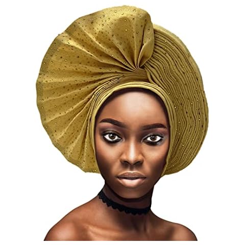 African Head Wrap Already Made Auto Gele Headties Women's Turban Hats&Caps Beading Wedding Nigerian Fashion Headbands (Gold) Cover