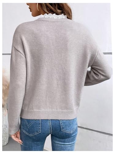 SOLY HUX Women's Long Sleeve Sweater Lace Trim Notched V Neck Knit Pullover Tops Casual Trendy Sweaters2