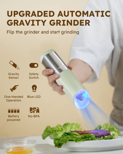 Sangcon Gravity Electric Salt And Pepper Grinder Mill Set With Safety Switch, Battery Powered With Led Light, Adjustable Coarseness, One Hand Automatic Operated Kitchen Gadgets, (Set/Grass Green) #TOP1