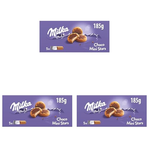 Milka Choco Mini Stars Galletas en Forma de Estrella con Relleno de Leche y Cubiertas con Chocolate con Leche de los Alpes 185g (Paquete de 3)