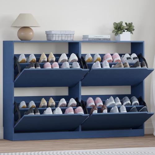 Image of BORNOON Shoe Cabinet with 4 Flip Drawers, Narrow Hidden Shoe Storage Cabinet, Slim Freestanding Shoe Rack Organizer for Entryway, Hallway, Bedroom, Living Room