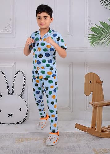Image of 3BROS Unisex Pure Cotton Short Sleeve Kids Night Dress for Boys & Girls Nightwear /Sleepsuit /Sleepwear /Loungewear Night Suit for Boys and Girls Top and Pyjama Combo Set