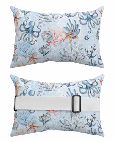 Anzona Pack of 4 Summer Beach Coastal Lumbar Pillow Covers, Outdoor Waterproof Throw Pillow Covers Set, Nautical Octopus Coral Starfish Decorative Cushion Case for Patio Beach, 11x16 Inch