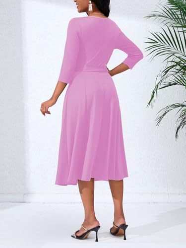 Image of PerZeal Women's Caual Midi Dress 3 /4 Sleeve Crewneck A-line Swing Dress for Women with Belt for Wedding Guest & Cocktail Party Pink Small
