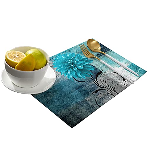 Placemats Set Of 6, Aqua Dahlia Pinnata Floral Placemats For Dining Table, Modern Art Abstract Teal Aqua Cotton And Linen Table Mats Washable For Kitchen, Party, Wedding Decor, 13 X 19 Inches #TOP1