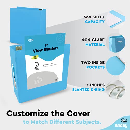 3 Inch Binder 3 Ring Binders Blue, Slant D-Ring 3” Clear View Cover With 2 Inside Pockets, Heavy Duty Colored School Supplies Office And Home Binders – By Enday #TOP3