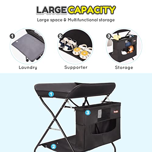 Mobile Baby Changing Table with Wheels, FORSTART Adjustable Height Folding Diaper Station Portable Newborn Clothes Stand with Nursery Organizer & Storage Rack for Infant