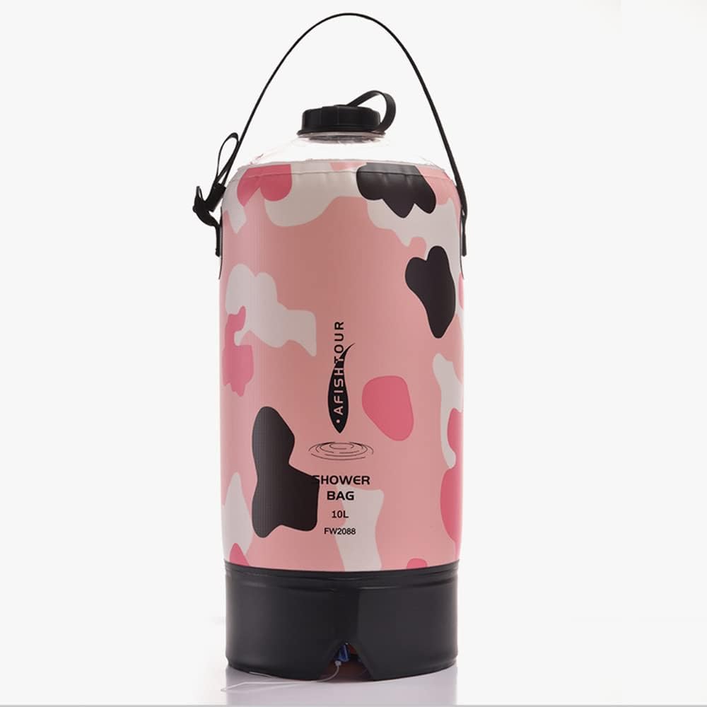 Camping Shower Bag 10 Litre Portable Water Bladder Shower Pump Shower Bag with Pressure Foot Pump and Shower Head for Outdoor Camping (Pink)