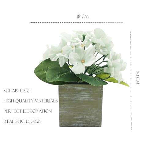Image of KARP Artificial Potted Plants, 20Cm Height Mini White Hydrangea Flower Plant with Pots Home Decor, Indoor Artificial Ornamental Plant for Living Room, Office Desk & Bathroom, Decorative