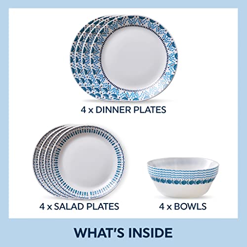 Corelle Everyday Expressions 12-Pc Dinnerware Set, Service For 4, Durable And Eco-Friendly, Higher Rim Glass Plate & Bowl Set, Microwave And Dishwasher Safe, Azure Medallion #TOP5