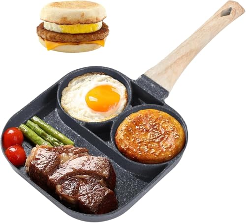 Image of 3 in 1 Egg Pan Non Stick, Omelette Pan Non Stick with 3 Sections, Square Frying Skillet for Egg Frying, Pancake Maker, Sandwich Maker, Ceramic Breakfast Cookware for Gas & Induction
