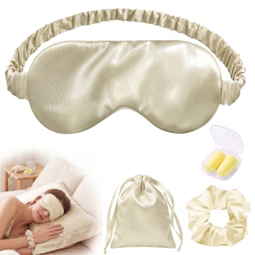 a champagne silk sleep mask with an adjustable elastic strap, shown with a matching pouch