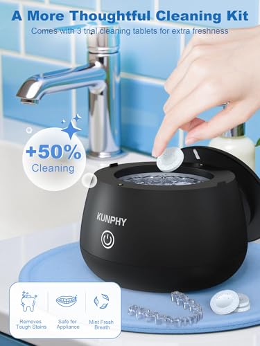 Image of KUNPHY Ultrasonic Retainer Cleaner Machine, 48kHz Dental Cleaning Pod Home | 4 LED Light 48KHz Ultrasound Portable Mouthguard Night Guard Cleaner, IPX7 Waterproof, Quiet 45dB, Overheat Protection, Black
