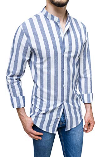 Chemise en lin italienne Evoga bleu XL col coréen haut de gamme
