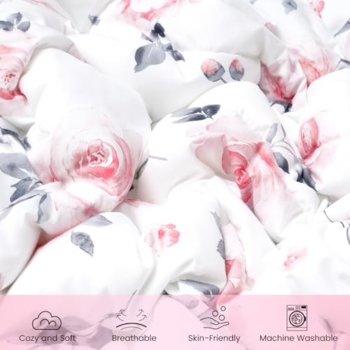 Image of david's kids 4 Piece Toddler Bedding Set - Soft Breathable Toddler Bedding Set for Girls, Includes Quilted Comforter, Flat Sheet, Fitted Sheet and Pillowcase, Pink Floral