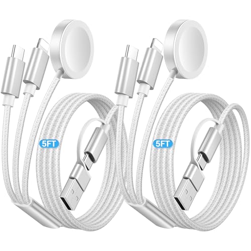 Temdan 2Pack for Apple Watch Charger, 3 in 2 Multi Charging Cable, iPhone Charger, USB A/Type C/Lightning Cable, Portable Travel Essentials Designed for iWatch Ultra/SE/10-1 & iPhone 16-12/ iPad-5Ft