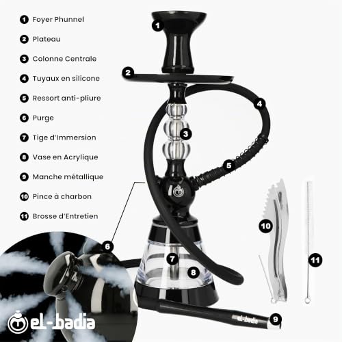 Chicha EL-BADIA® CELESTE – 45 cm – Chicha Légère avec Vase Acrylique, Tuyau Silicone, Manche Métal & Foyer Phunnel – Design Iconique et Couleurs Tendance (Ivory White) – vue 3