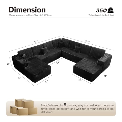 Image of ovios Sectional Cloud Couch for Living Room, Modular Floor Sofa with Plush Corduroy, No Assembly Required, Big Comfy Couches Set with Fluffy Memory Foam, Stupendous U Shaped Sofas with Chaise, Black