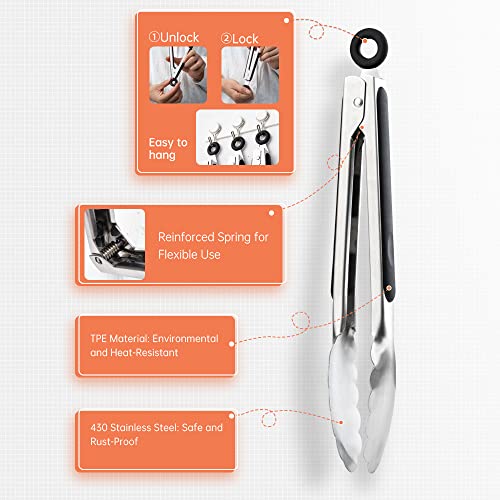 Kitchen Tongs Set of 2, 9" and 12" Stainless Steel with Non-Slip Grip for Cooking, BBQ, Grilling, Buffet, Serving