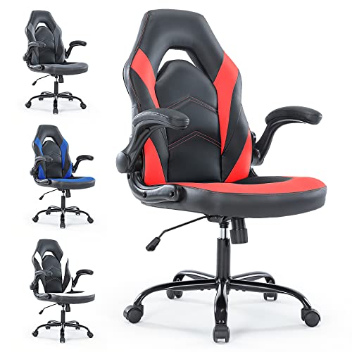 Gaming Chair Ergonomic Office Chair, Padded High Back Computer Desk Chair With Flip-Up Armrests, Pu Leather Executive Office Chair Swivel Rolling Chair For Adults Teens, Height Adjustable, Tilt & Lock #TOP5