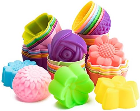 Cupcake Molds, 42Pcs Silicone Baking Cups Heat Resistant Muffin Cases Cup Liners Nonstick Rainbow Cupcake Holders Reusable Cupcake Ice Creams Puddings Moulds (2 x 0.8 Inch), 6 Shapes of Flowers