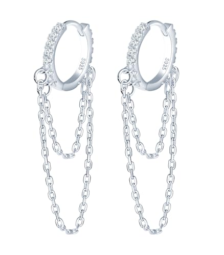 MICSAVI Petites boucles d'oreilles Créoles avec Chaine Argent 925 Boucles d'oreilles Femme Créoles Zircone cubique longues boucles d'oreilles pendantes