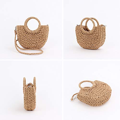 Qtkj Mini Semi-Circle Rattan Straw Handbags, Hand-Woven Women Summer Retro Straw Tote Bag Beach Tote Shoulder Bag Crossbody Bag Round Handle Beach Handbags (Khaki) #TOP2