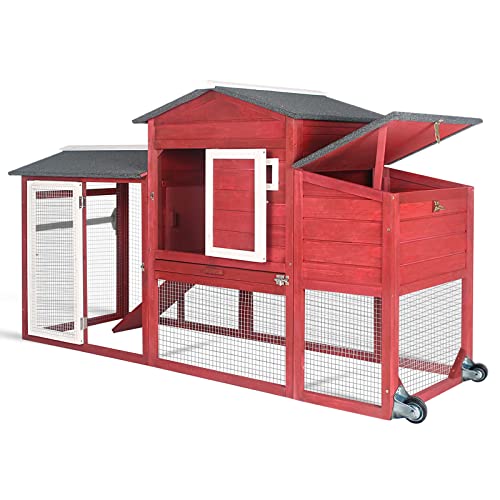 PetsCosset Chicken Coop Backyard Chicken House - Wooden Tractor Poultry House for Outdoor, with Chicken Nesting Box, Wheels, Waterproof Roof, Pull Out