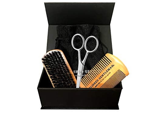 Beard Brush Set With Comb and Scissors Set for Men - Natural Boar Bristle Brush, Durable Wooden Comb Grooming Kit - Maintains Soft, Shiny, Smooth Facial Hair - Mustache Straightening and Shaping Tools