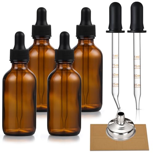 AOZITA 4 Pack, 1 oz Thick Dark Amber Glass Dropper Bottles with 1 Funnels & 4 Labels - 30ml Tincture Bottles with Eye Dropper - Leakproof Essential Oils Bottle - Storage and Travel for Beauty or Health