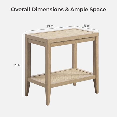 Image of SICOTAS Rattan Nightstands Set of 2 - Boho Shelf Bedside Tables Narrow End Table Living Room Set of 2 Side Table with Rattan Storage Shelves for Small Space - Light Oak