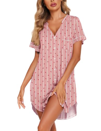 Image of Ekouaer Nightgowns for Women Button Down Night Gown Short Sleeve Sleepshirt | V Neck Nightshirt Soft Sleepwear Pajams Dress for Night, Sleep, Bedroom, Labor, Delivery, Maternity, Nursing, Hospital