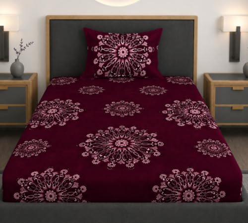 Image of Vaini Premium Heavy Cotton Elastic Fitted Bedsheets with 1 King Size Pillow Covers || Single Bed with All Around Elastic 350 TC || 36 x 78 x 6 Inch Single Size Fitted || :- Maroon Big Flower