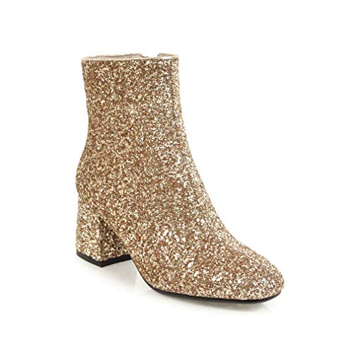 Elyffany Bottines à paillettes pour femme à talon bloc moyen avec fermeture éclair, doré, 39 EU