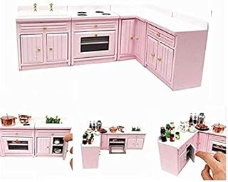 EatingBiting 1:12 Dollhouse Miniature Furniture Kitchen Wooden Pink Combination Cabinet Sink Counters 1/12 Scale Dollhouse Miniature Furniture Deluxe Wooden Kitchen Set