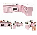 EatingBiting 1:12 Dollhouse Miniature Furniture Kitchen Wooden Pink Combination Cabinet Sink Counter