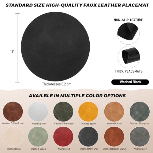 Image of UnivoColors Placemats Round Faux Leather Placemats Set of 4-Waterproof-Wipe Clean-Heat Resistant-Anti Slip Dining Table Place Mats,Suitable for Indoor & Outdoor Use,15 inch.Retro Black