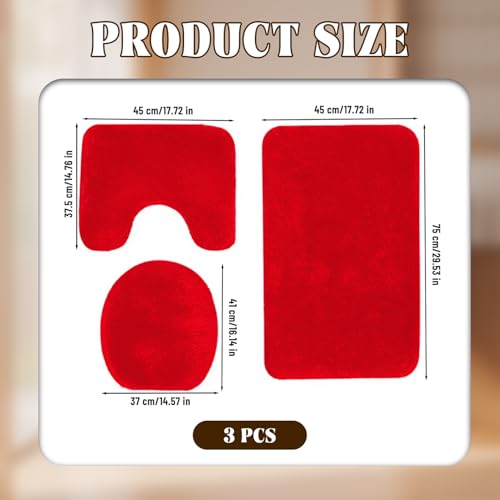 Alfombrilla de baño absorbente de 3 piezas con base en U y funda de inodoro protectora roja 6