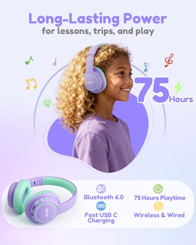 acer Kids Bluetooth Headphones, Over Ear Headphone for Kids with Mic, 75H Playtime, 85dBA Safe Volume, Bluetooth 6.0, USB C Fast Charging, Toddler Headphones for iPad/Tablet/Travel/School-Purple Green — view 5