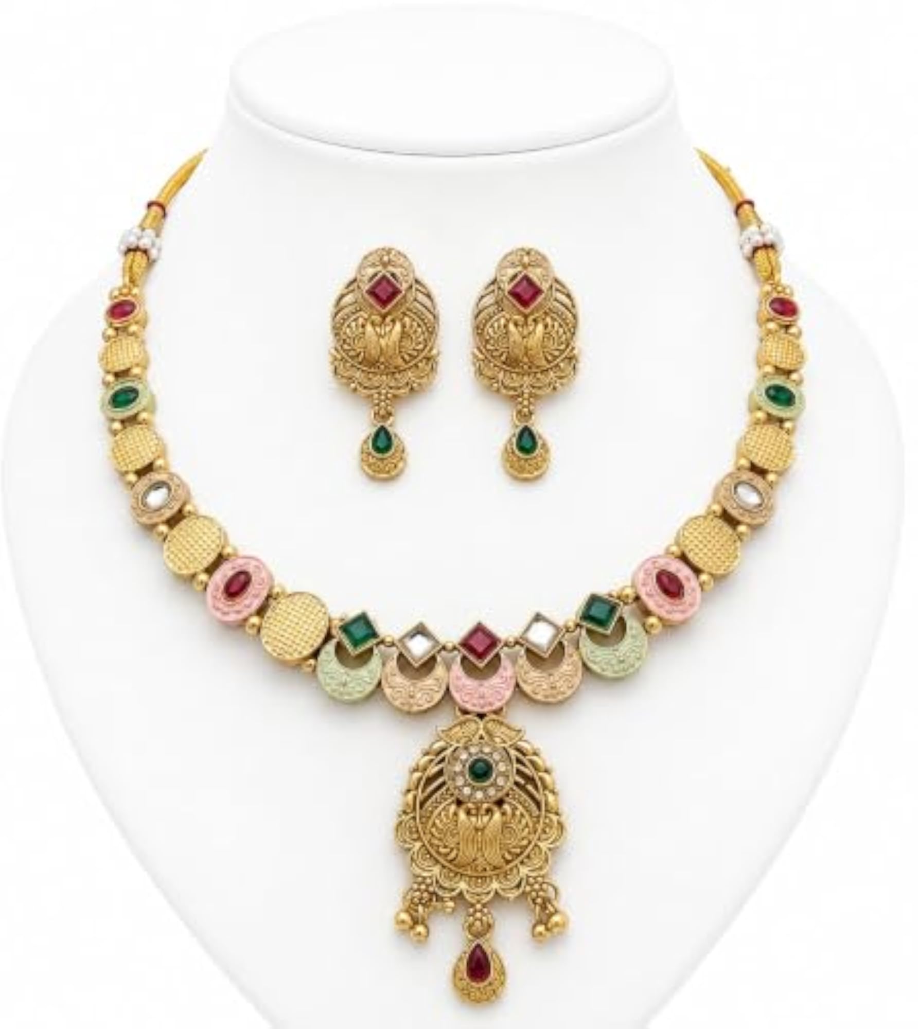 Gold Plated Multicolor Enamel Necklace Set with Earrings